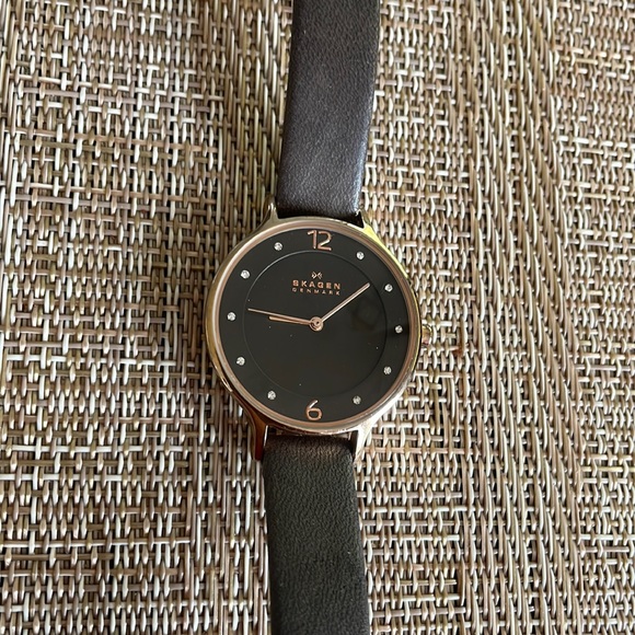 Skagen Accessories - Skagen rose gold and gray leather crystal watch.